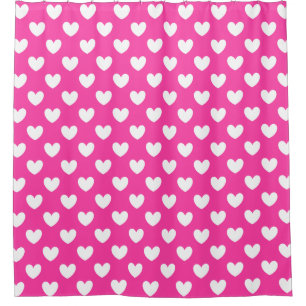 White polka hearts on fuchsia pink shower curtain