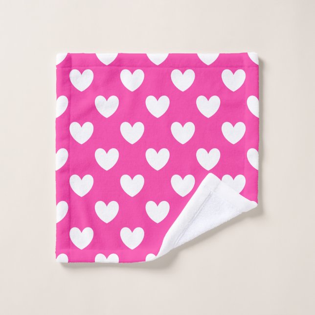 White polka hearts on fuchsia pink wash cloth (Wash Cloth)