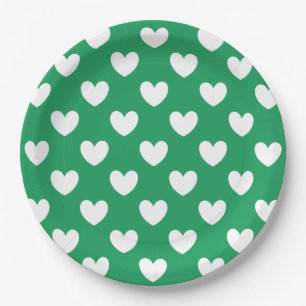 White polka hearts on Kelly green Paper Plate