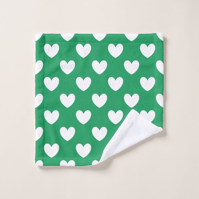 White polka hearts on Kelly green Wash Cloth (Wash Cloth)