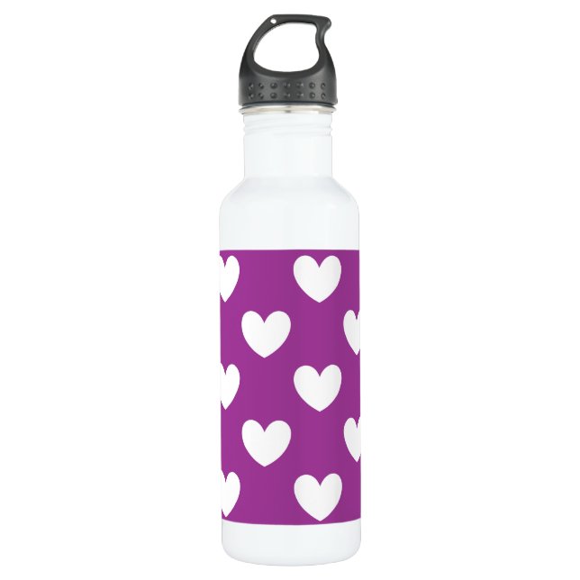 White polka hearts on purple 710 ml water bottle (Front)