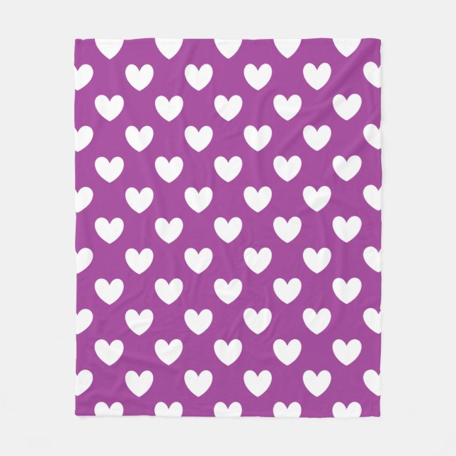 White polka hearts on Purple Cactus Flower purple Fleece Blanket (Front)