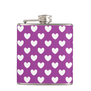 White polka hearts on Purple Cactus Flower purple Hip Flask