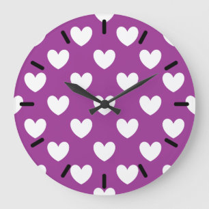 White polka hearts on Purple Cactus Flower purple Large Clock