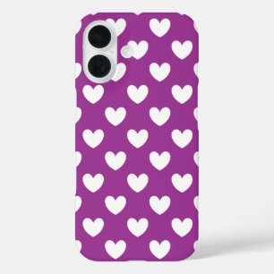 White polka hearts on purple iPhone 16 case