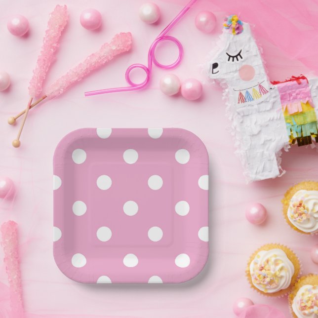 White Polka on Pink Paper Plate (Party)