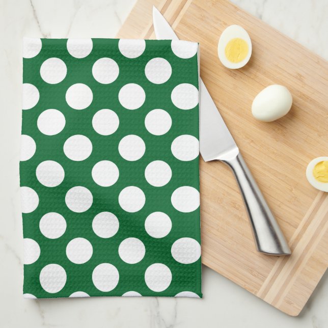 White Polkadot over Green Background Tea Towel (Quarter Fold)