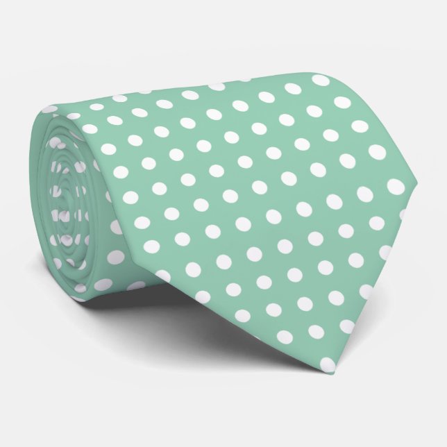 White Polkadot Pattern Custom Mint Background Tie (Rolled)