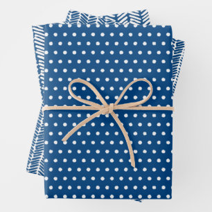 White Polkadots Chevron Stripes On French Blue Wrapping Paper Sheet