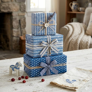 White Polkadots Chevron Stripes On French Blue Wrapping Paper Sheet