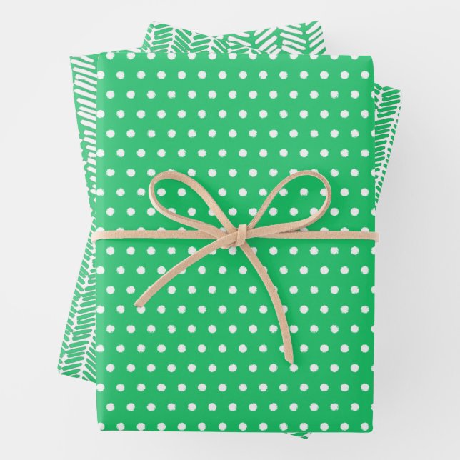 White Polkadots Chevron Stripes On Summer Green Wrapping Paper Sheet (In situ)