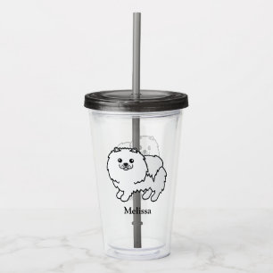 White Pomeranian Cute Cartoon Dog & Name Acrylic Tumbler