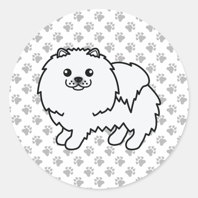 White Pomeranian Cute Cartoon Dog & Paws Classic Round Sticker (Front)