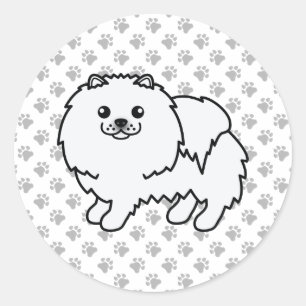 White Pomeranian Cute Cartoon Dog & Paws Classic Round Sticker