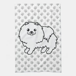 White Pomeranian Cute Cartoon Dog & Paws Tea Towel
