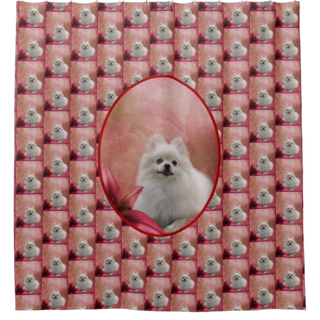 White Pomeranian Dog Flowers Animal Shower Curtain (Front)