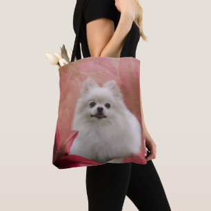 White Pomeranian Dog Flowers Animal Tote Bag