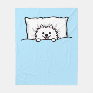 White Pomeranian Dog Tucked in Bed Cute Fleece Blanket