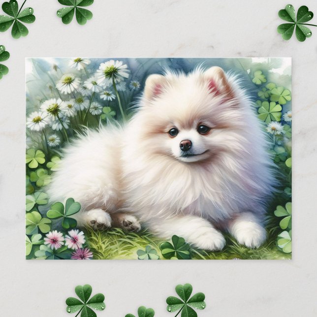 White Pomeranian Dog Watercolor Clover Field Postcard (Creator Uploaded)