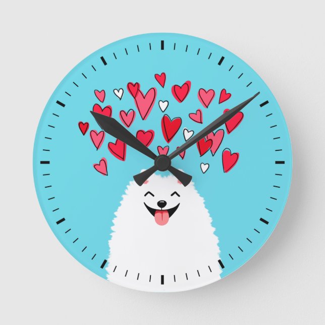 White Pomeranian Dog with Hearts Round Clock (Front)