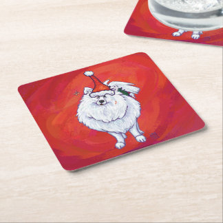 White Pomeranian in Santa Hat on Red Square Paper Coaster