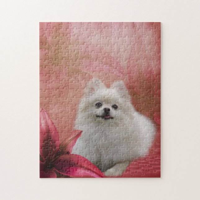 White Pomeranian Lily Flowers Dog Art Jigsaw Puzzle (Vertical)