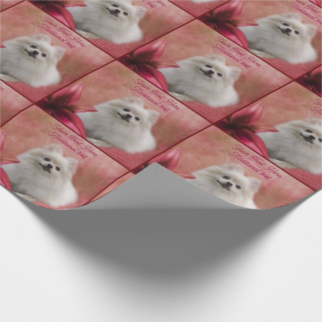 White Pomeranian Red Lily Dog Art Personalised Wrapping Paper (Corner)