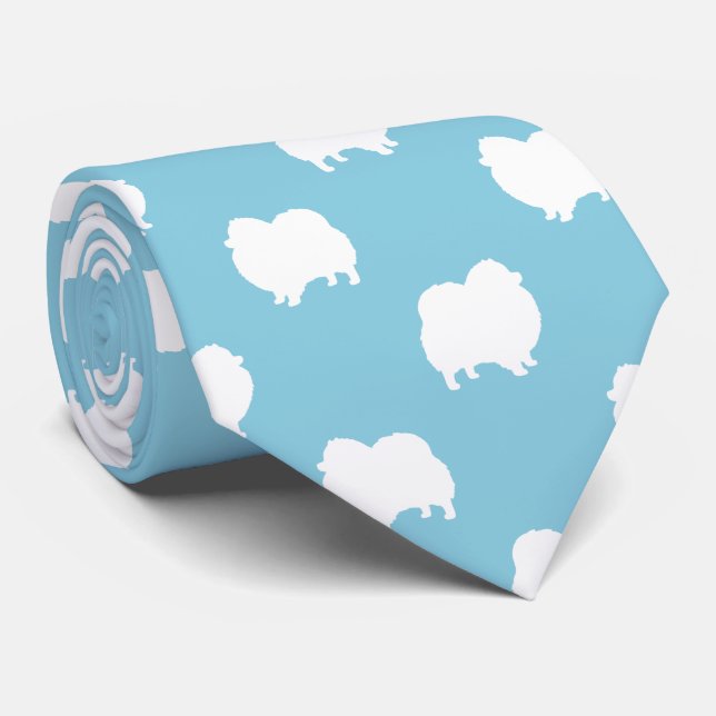 White Pomeranian Silhouettes Pattern Light Blue Tie (Rolled)