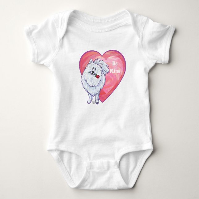 White Pomeranian Valentine's Day Baby Bodysuit (Front)