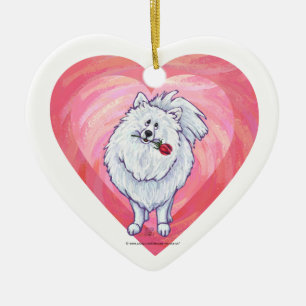 White Pomeranian Valentine's Day Ceramic Ornament