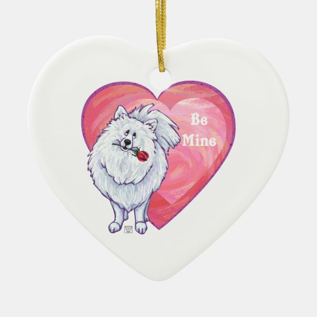 White Pomeranian Valentine's Day Ceramic Tree Decoration (Front)