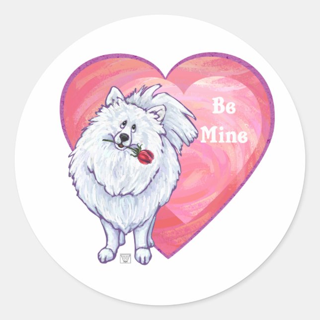 White Pomeranian Valentine's Day Classic Round Sticker (Front)