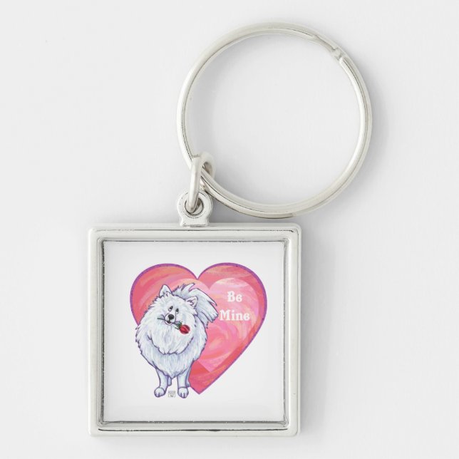 White Pomeranian Valentine's Day Key Ring (Front)