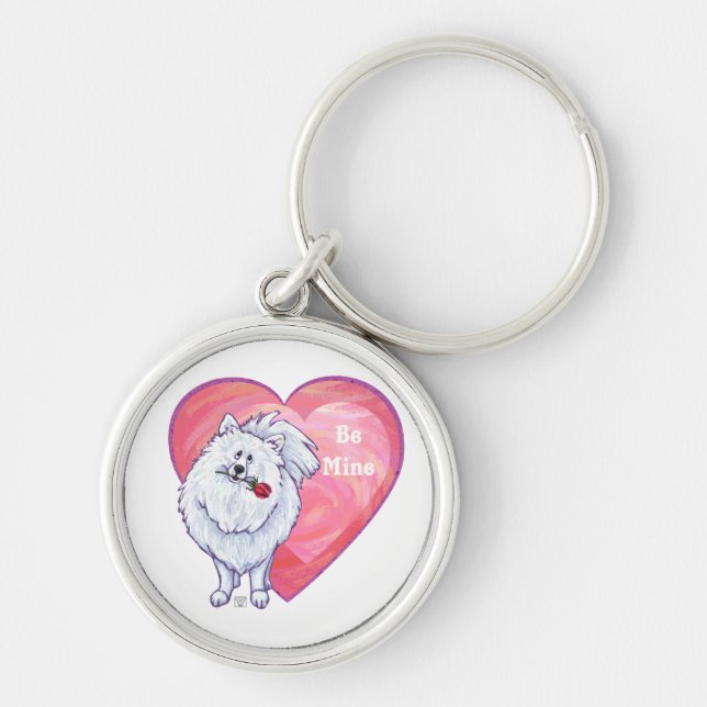 White Pomeranian Valentine's Day Key Ring (Front)