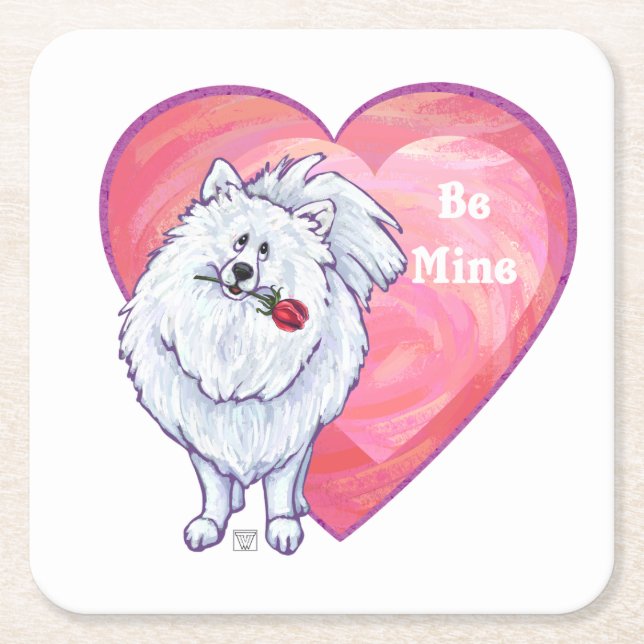White Pomeranian Valentine's Day Square Paper Coaster (Front)