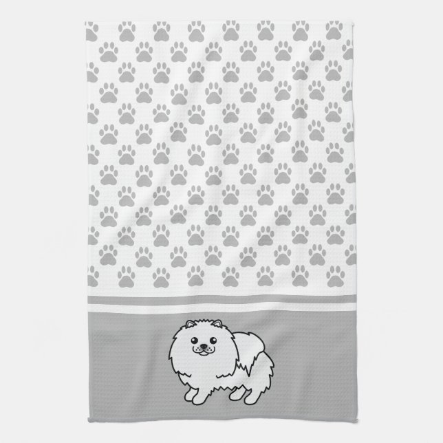 White Pomeranian With Grey Paws Pattern Tea Towel (Vertical)