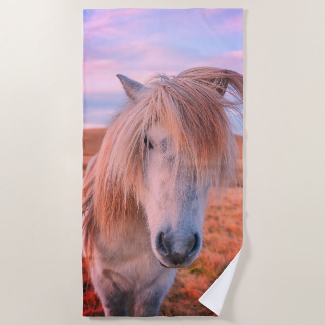 White Pony Horse at Sunset Beach Towel (Front)