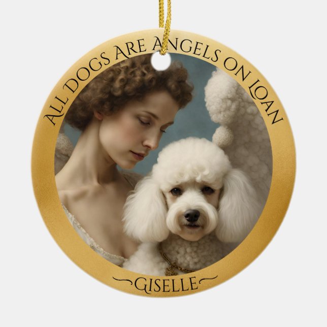 White Poodle Angel Personalised Memorial  Ceramic Ornament (Front)