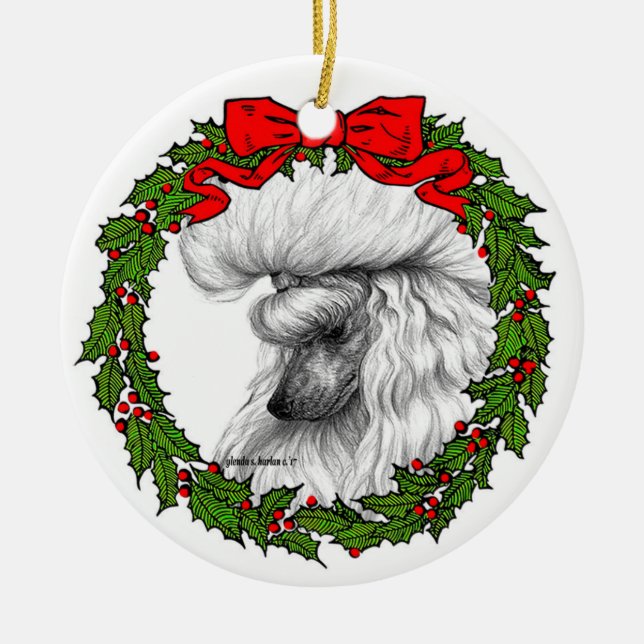 White Poodle Art by Glenda S. Harlan Ceramic Ornament (Front)