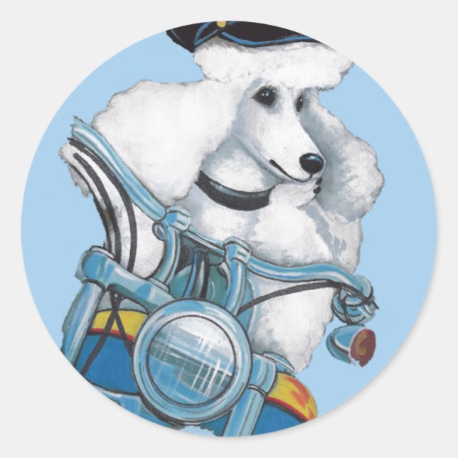 White Poodle Biker Chick Art Print Classic Round Sticker (Front)