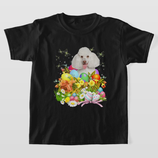 White Poodle Bunny Dog With Easter Eggs Basket Coo T-Shirt (Laydown)