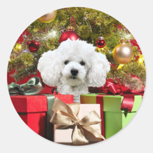 White Poodle Christmas Classic Round Sticker