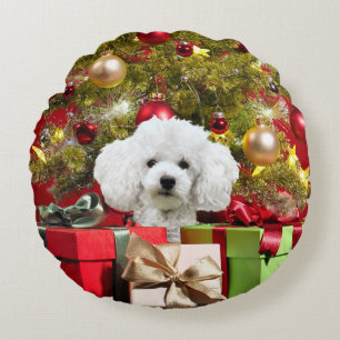 White Poodle Christmas Round Cushion
