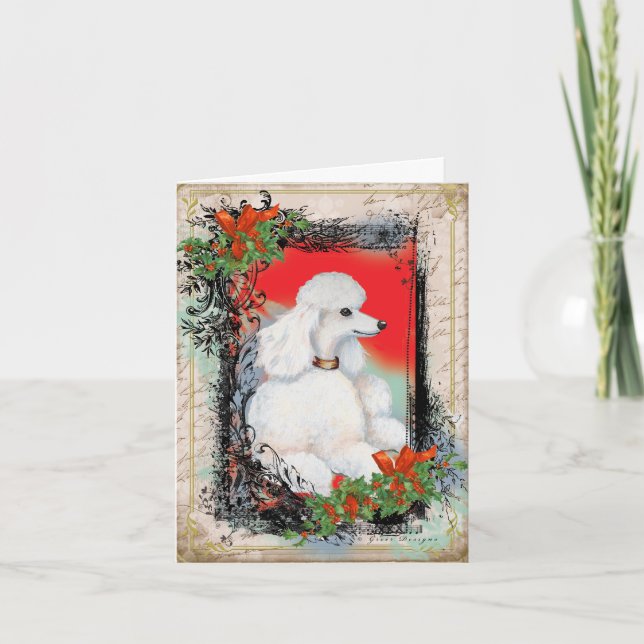 White Poodle Christmas Vintage Style Print Card (Front)