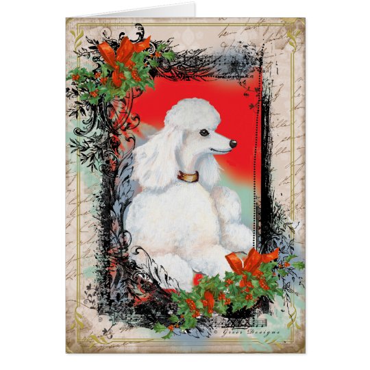 White Poodle Christmas Vintage Style Print Card