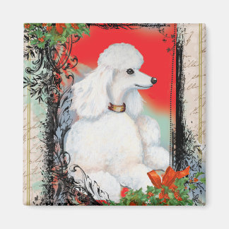 White Poodle Christmas Vintage Style Print Magnet
