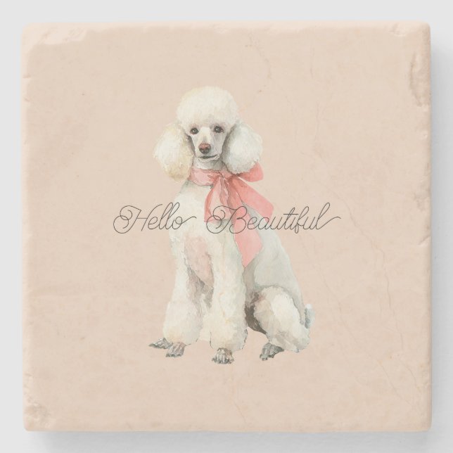 White Poodle Dog Hello Beautiful Stone Coaster (Front)