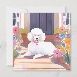 White Poodle Dog Pet Watercolor Flowers Card