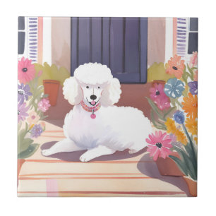 White Poodle Dog Pet Watercolor Flowers Ceramic Tile