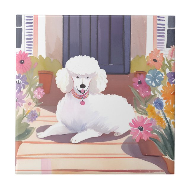 White Poodle | Dog Pet Watercolor Flowers Ceramic Tile (Front)